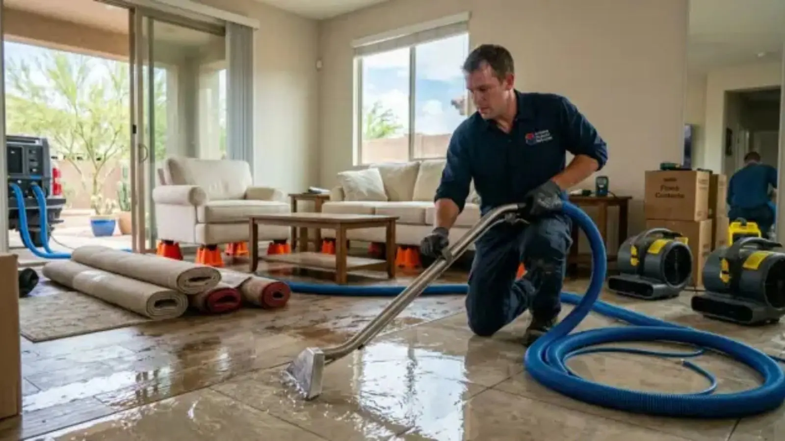 Restoration technician kneeling in a flooded living room with a water extraction wand, blue hose and air movers